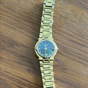 Gucci Gold Tone Bracelet Watch with Black Dial and Crystal Accents